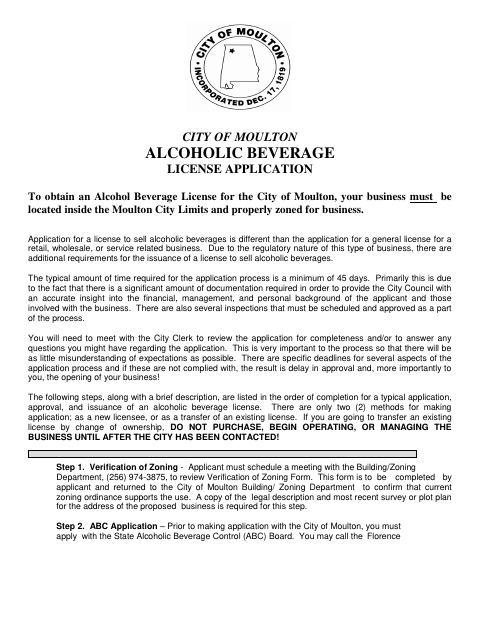 First page of the Alcoholic Beverage License Application