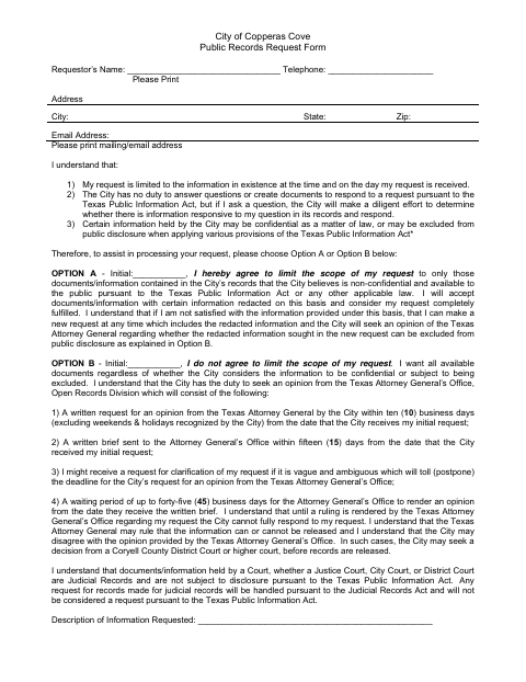 First page of the Public Records Request Form
