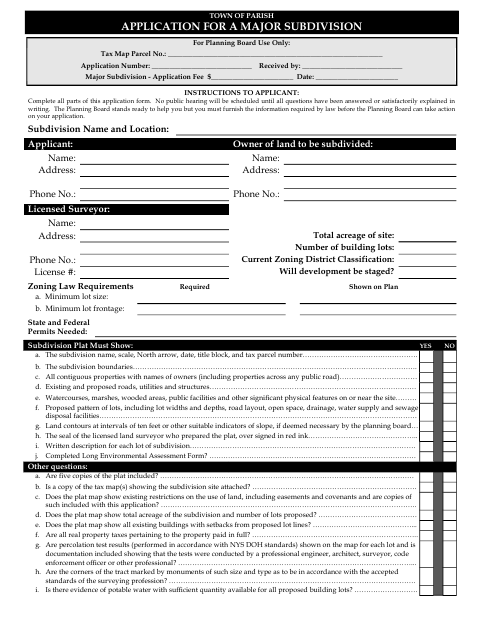 First page of the Major Subdivision Application