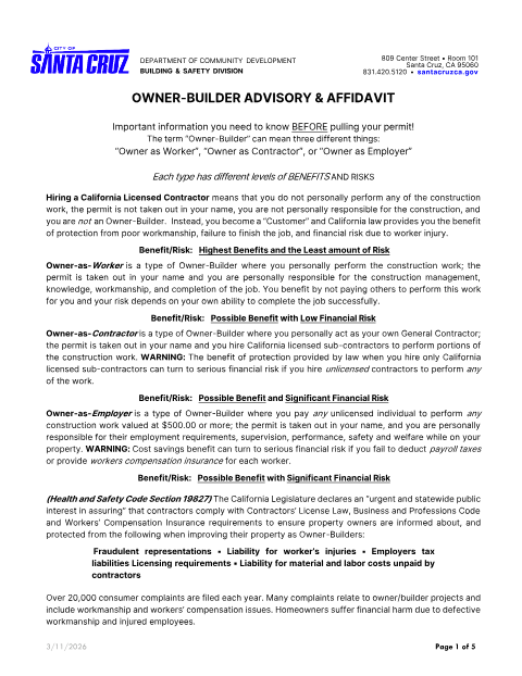 First page of the Owner-Builder Advisory & Affidavit