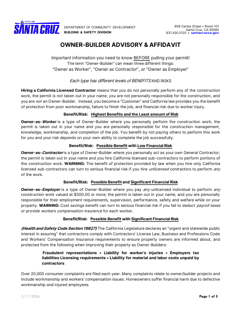 First page of the Owner-Builder Advisory & Affidavit