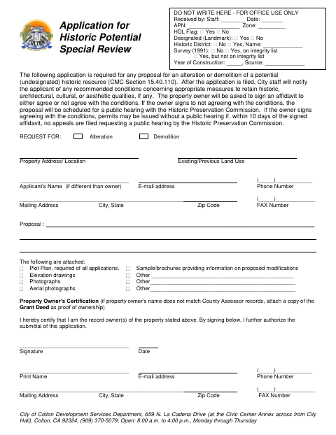 First page of the Historic Potential Special Review Application