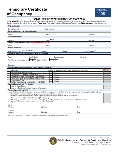 First page of the Request for Temporary Certificate of Occupancy Form