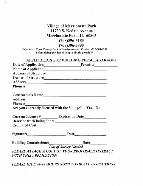 First page of the Garage Building Permit Application