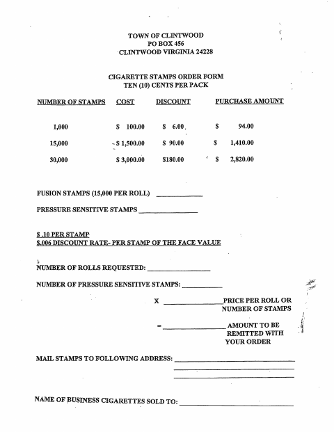 First page of the Cigarette Stamps Order Form