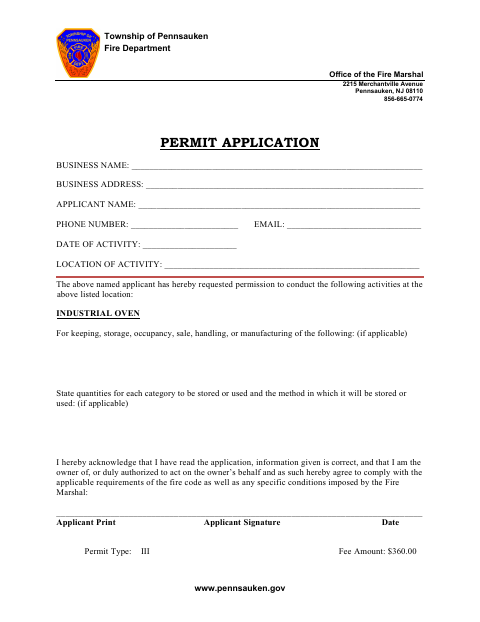 First page of the Industrial Oven Permit Application