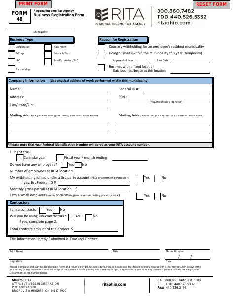 First page of the Business Registration Form