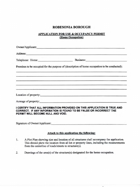 First page of the Use & Occupancy Permit Application