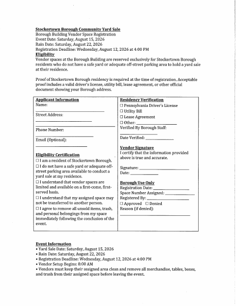 First page of the Community Yard Sale Vendor Space Registration