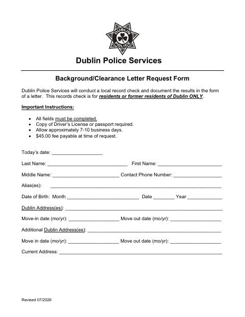 First page of the Background/Clearance Letter Request Form