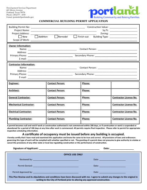 First page of the Commercial Building Permit Application