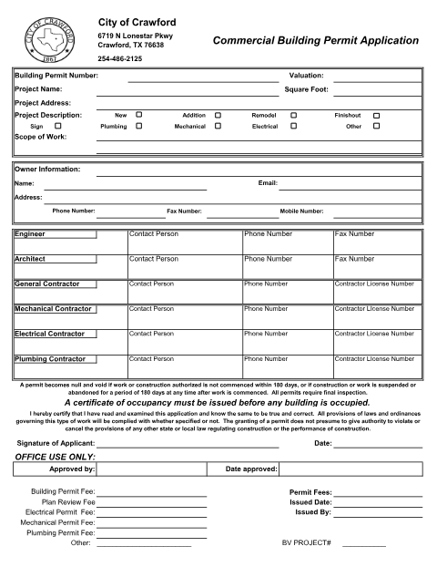 First page of the Commercial Building Permit Application