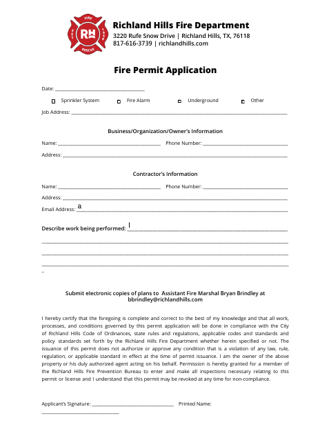 First page of the Fire Permit Application