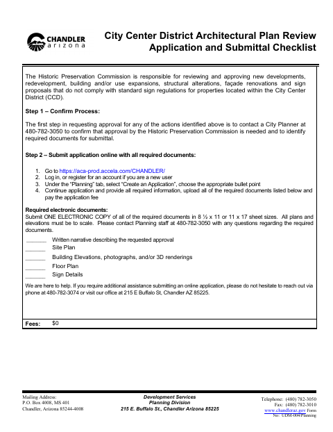 First page of the City Center District Architectural Plan Review Application and Submittal Checklist