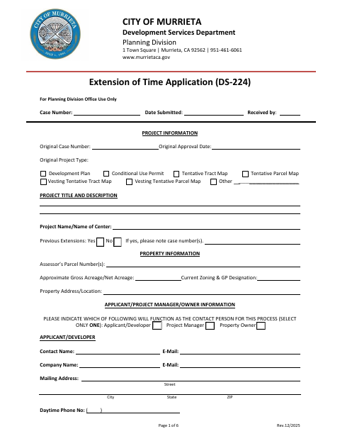 First page of the Extension of Time Application