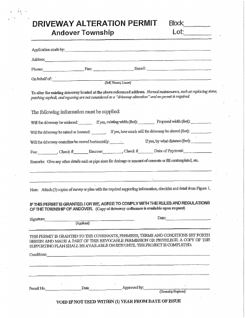 First page of the Driveway Alteration Permit