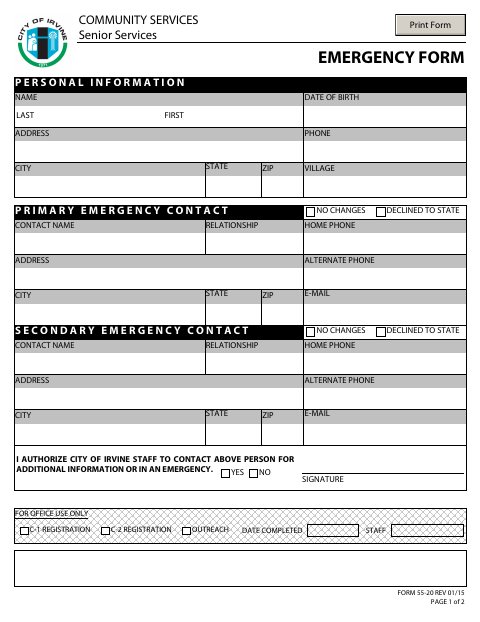 First page of the Emergency Form