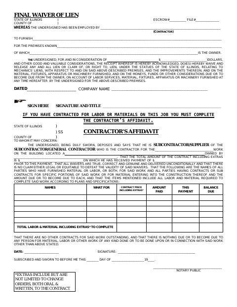 First page of the Final Waiver of Lien and Contractor's Affidavit