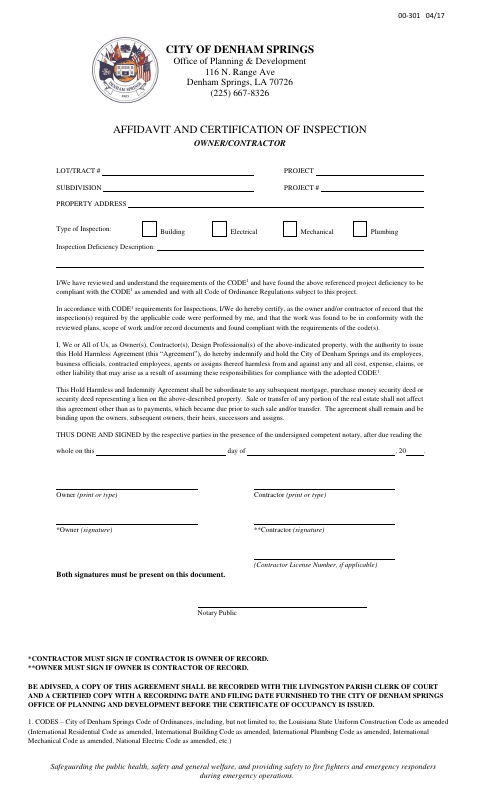 First page of the Affidavit and Certification of Inspection