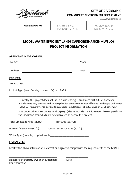 First page of the MWELO Landscape Project Information Form