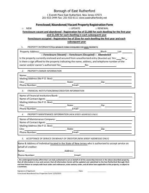 First page of the Foreclosed/Abandoned/Vacant Property Registration Form