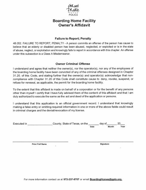 First page of the Boarding Home Facility Owner's Affidavit