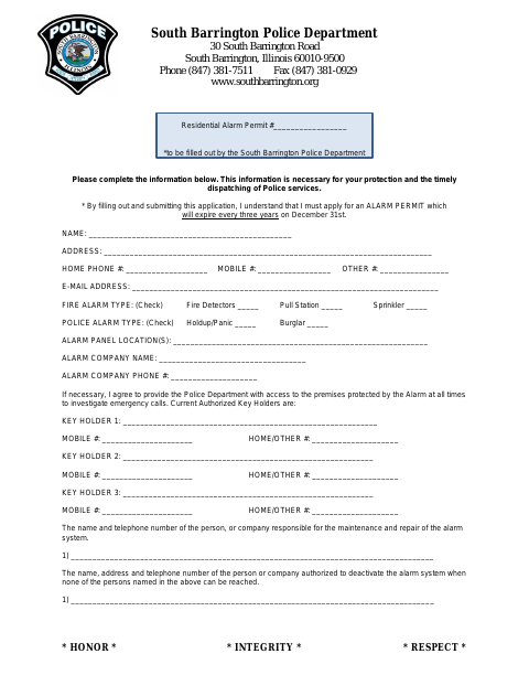 First page of the Residential Alarm Permit Application