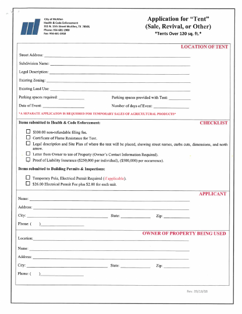 First page of the Tent Application