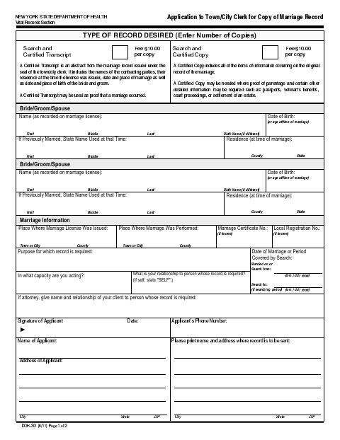 First page of the Application for Copy of Marriage Record