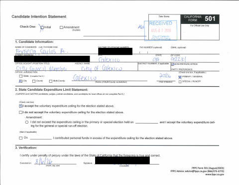 First page of the Candidate Intention Statement (Form 501)