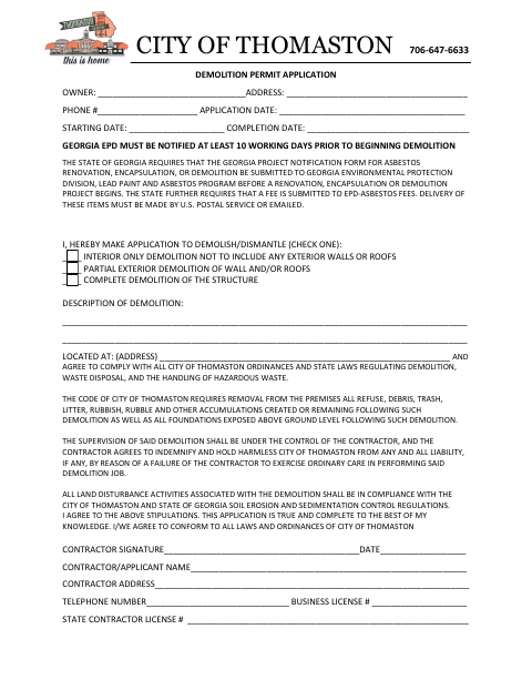 First page of the Demolition Permit Application