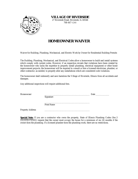 First page of the Homeowner Waiver
