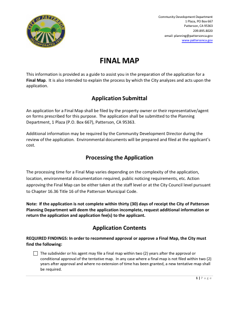 First page of the Final Map Application