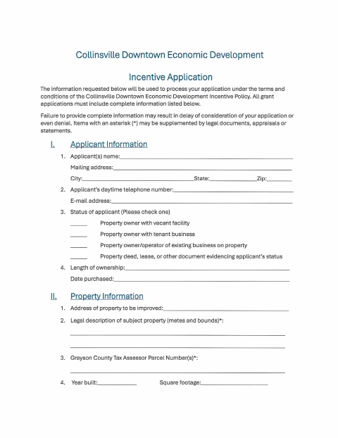 First page of the Downtown Economic Development Incentive Application