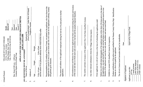 First page of the Taxi Driver / Limousine Driver Application