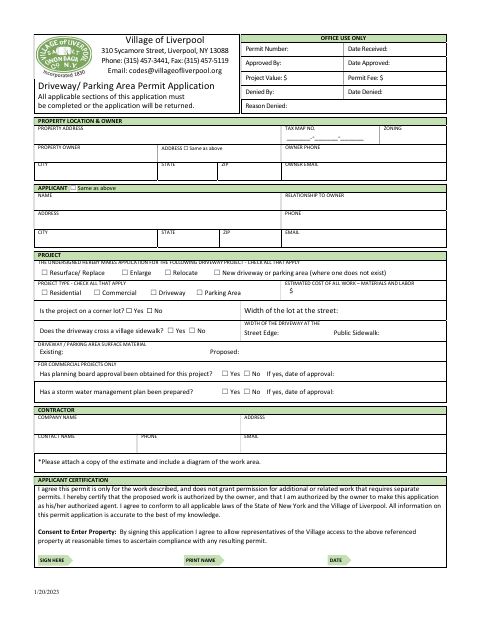 First page of the Driveway/Parking Area Permit Application