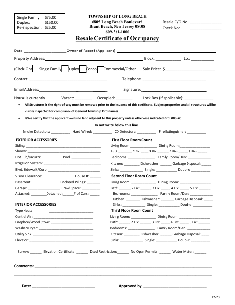 First page of the Resale Certificate of Occupancy