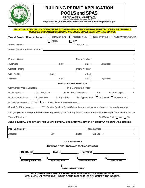 First page of the Building Permit Application Pools and Spas