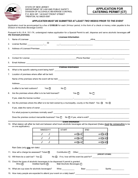 First page of the Application for Catering Permit