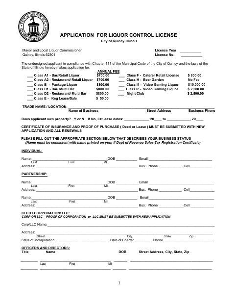 First page of the Application for Liquor Control License