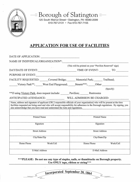 First page of the Borough Use of Facilities Application