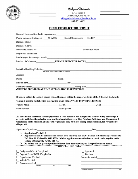 First page of the Peddler / Solicitor Permit