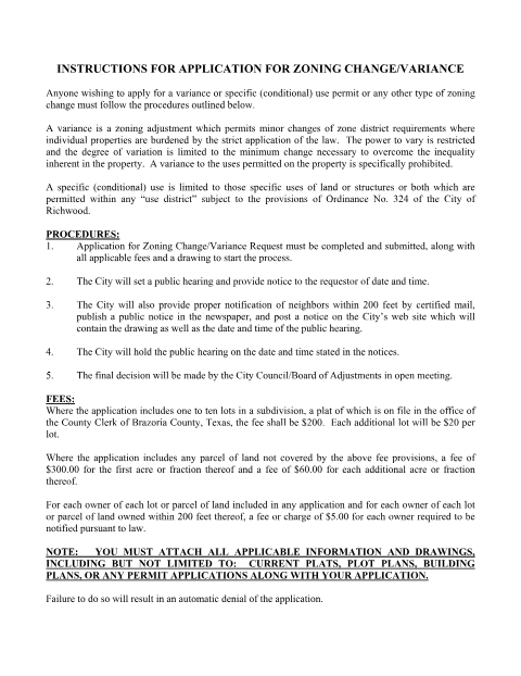 First page of the Application for Zoning Change or Variance
