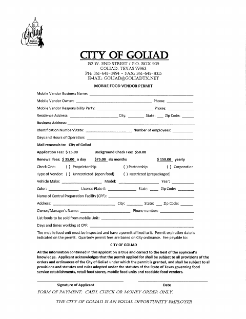 First page of the Mobile Food Vendor Permit Application