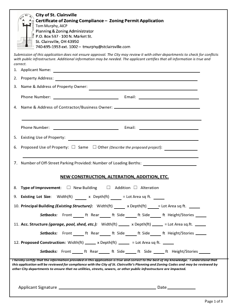 First page of the Certificate of Zoning Permit Application