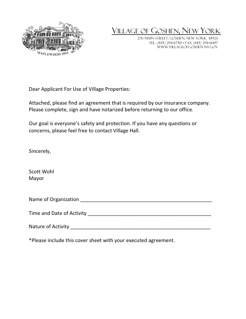 First page of the Use of Village Properties Indemnification Agreement