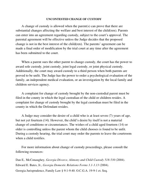 First page of the Uncontested Change Of Custody
