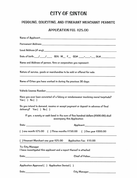 First page of the Peddling, Soliciting, and Itinerant Merchant Permit Application