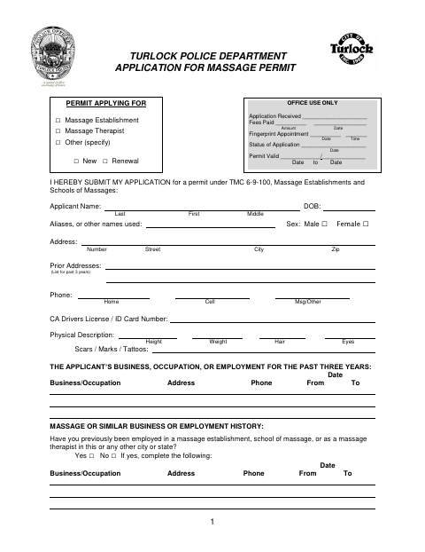 First page of the Application for Massage Permit