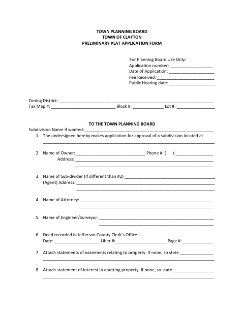 First page of the Preliminary Plat Application Form